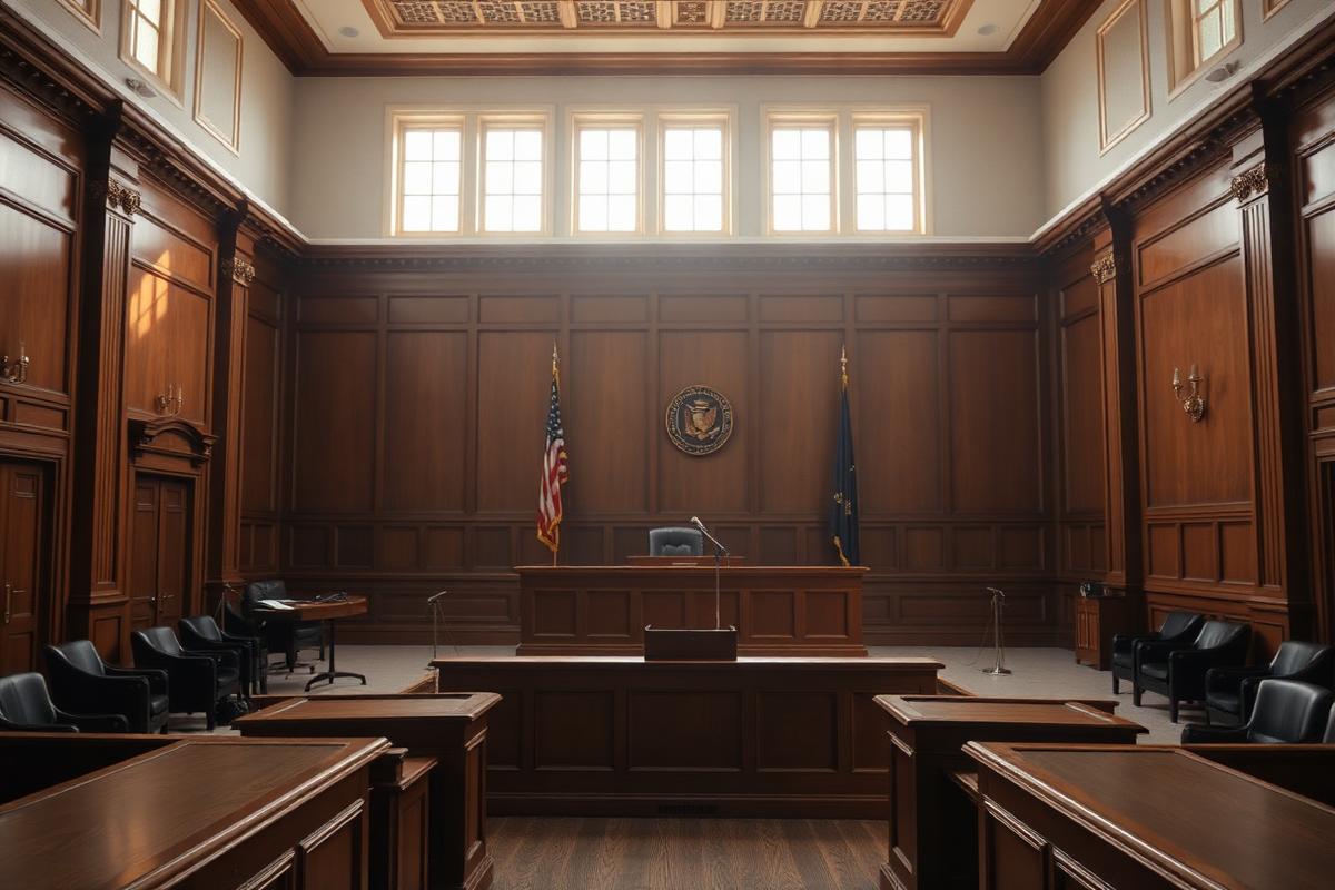 Formal courtroom interior with judge's bench